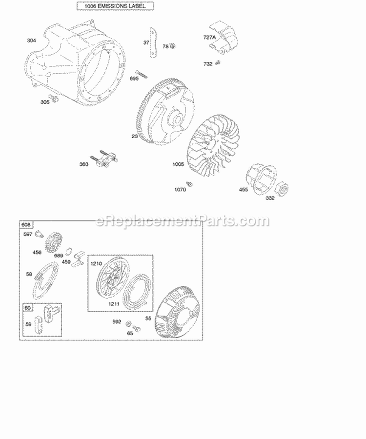 Blower HousingShrouds Flywheel Rewind Starter Diagram and Parts List for 201412-0116-E1  Briggs and Stratton Engine